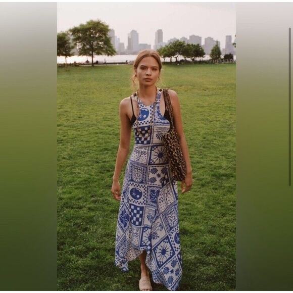 Urban Outfitter Ecote Blue & White Grecian Graphic Flowy Strappy Maxi Dress S - Picture 1 of 10